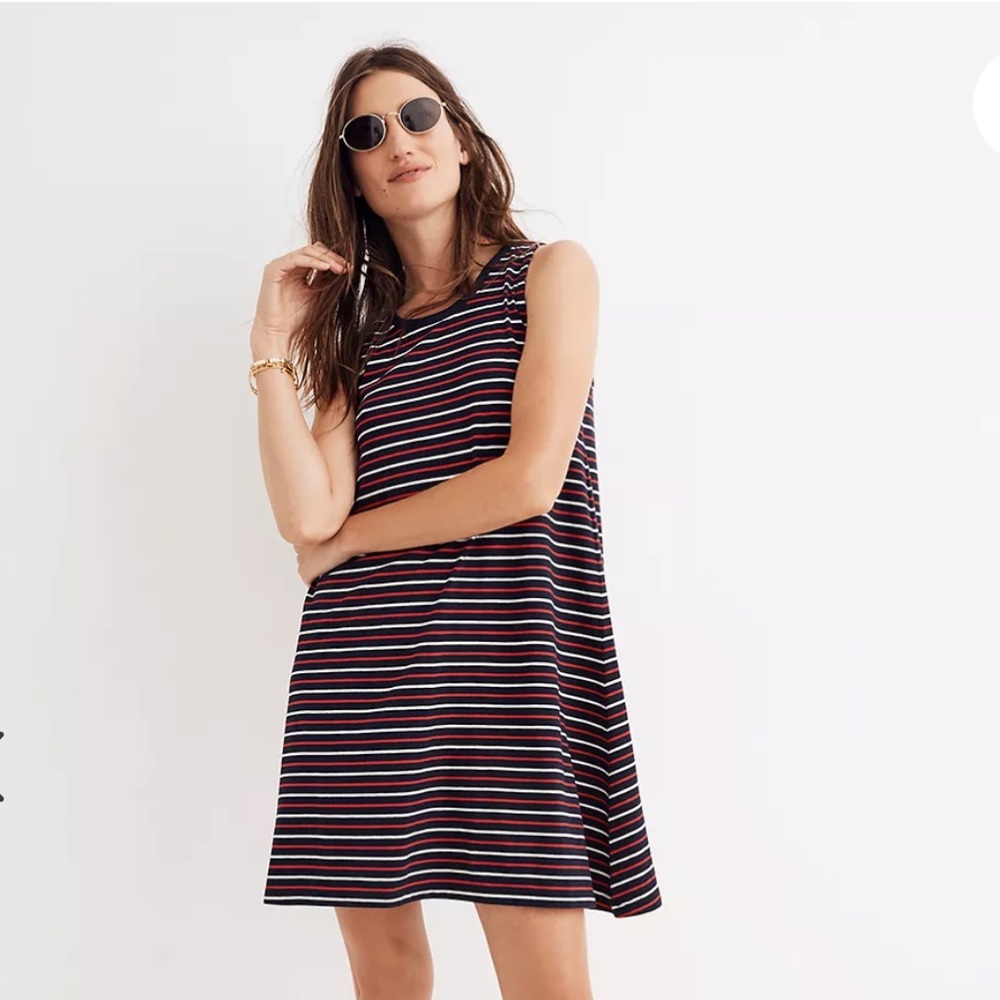 Madewell Navy Striped Sleeveless Swing Dress with Red & White Stripes